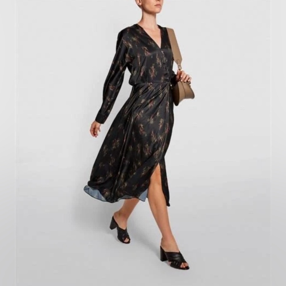$445 Vince “Wisteria” floral silky long sleeve faux wrap v-neck dress  Size XS - Picture 2 of 14